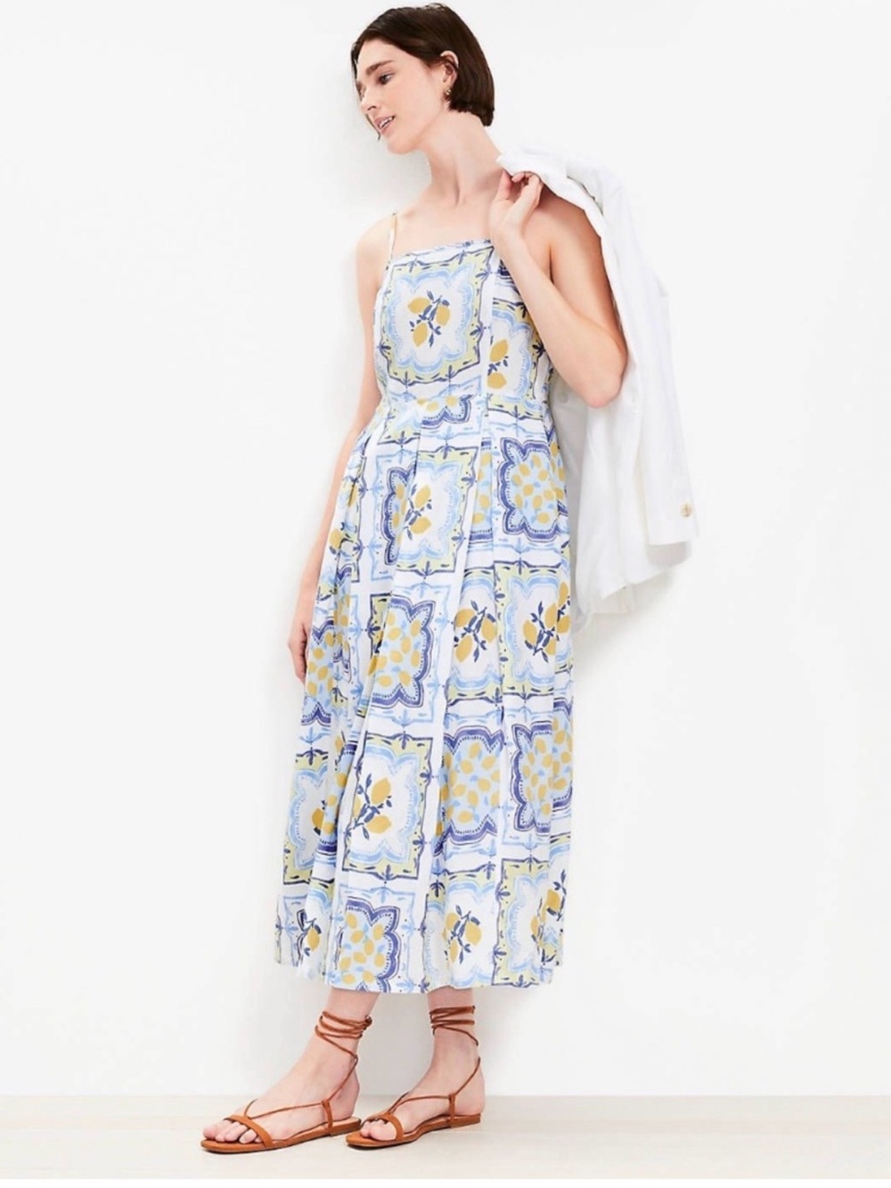 NWT LOFT Blue and Yellow Tile-Print Linen Dress